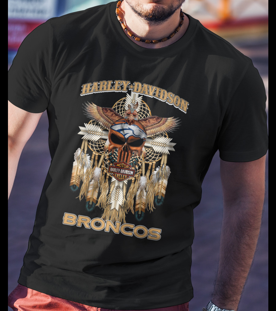 Harley Davidson Denver Broncos Feather And Skull T-Shirt