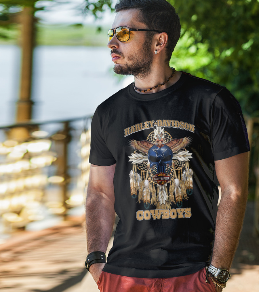 Harley Davidson Motor Cycles Cowboys Dreamcatcher Feathers Eagle Skull Star T-Shirt