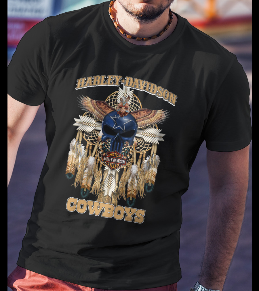 Harley Davidson Motor Cycles Cowboys Dreamcatcher Feathers Eagle Skull Star T-Shirt