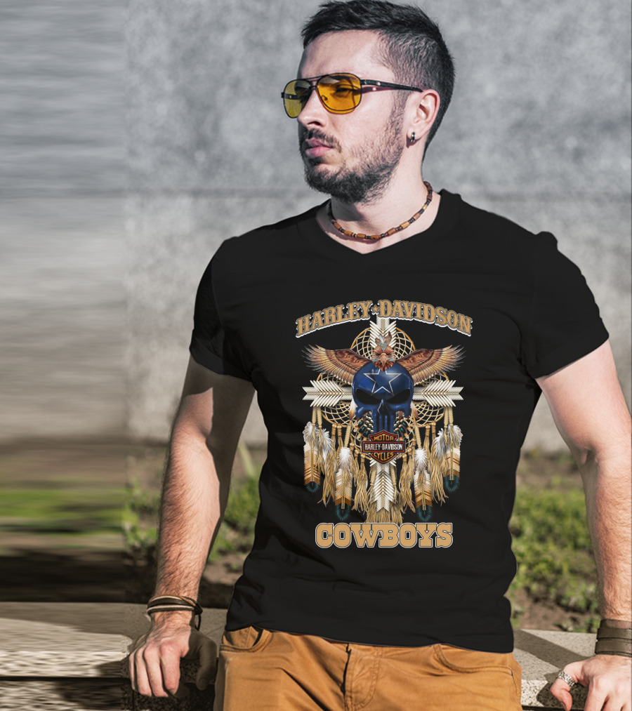 Harley Davidson Motor Cycles Cowboys Dreamcatcher Feathers Eagle Skull Star T-Shirt