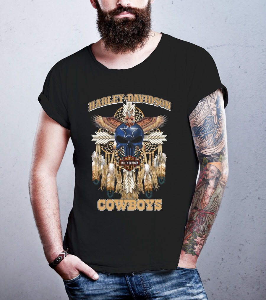 Harley Davidson Motor Cycles Cowboys Dreamcatcher Feathers Eagle Skull Star T-Shirt