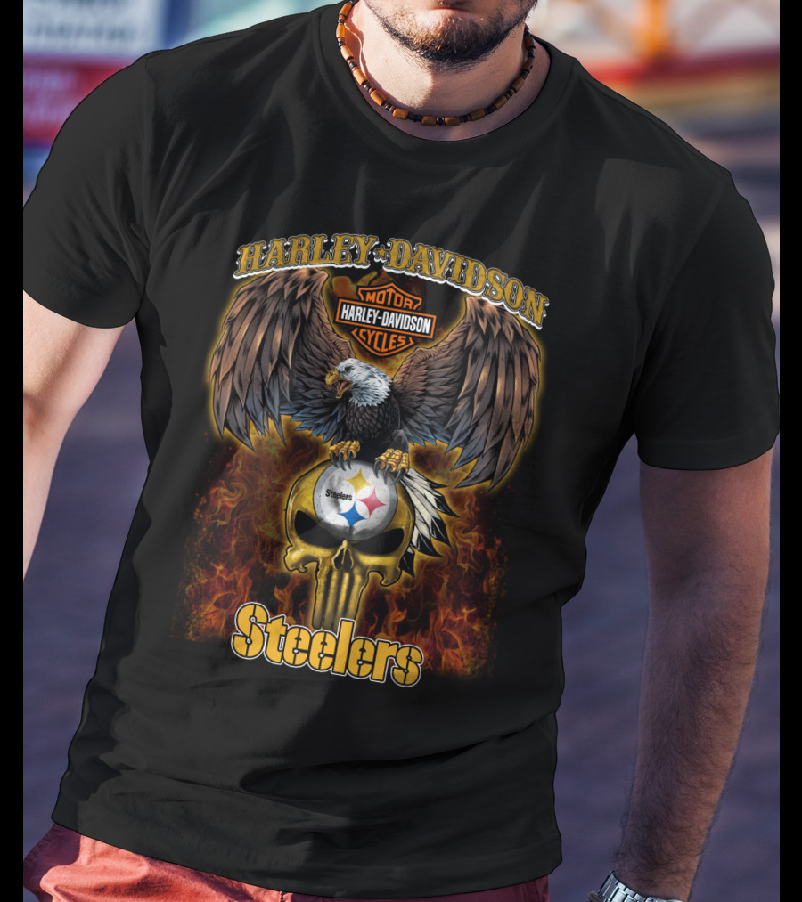 Harley Davidson Steelers Eagle With Skull Flame T-Shirt