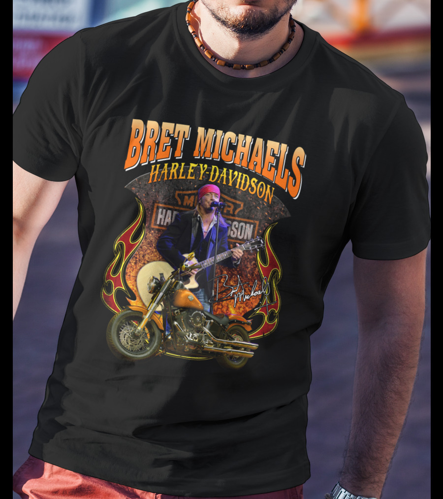 Bret Michaels Harley Davidson Motorcycle Concert Performance Signature T-Shirt