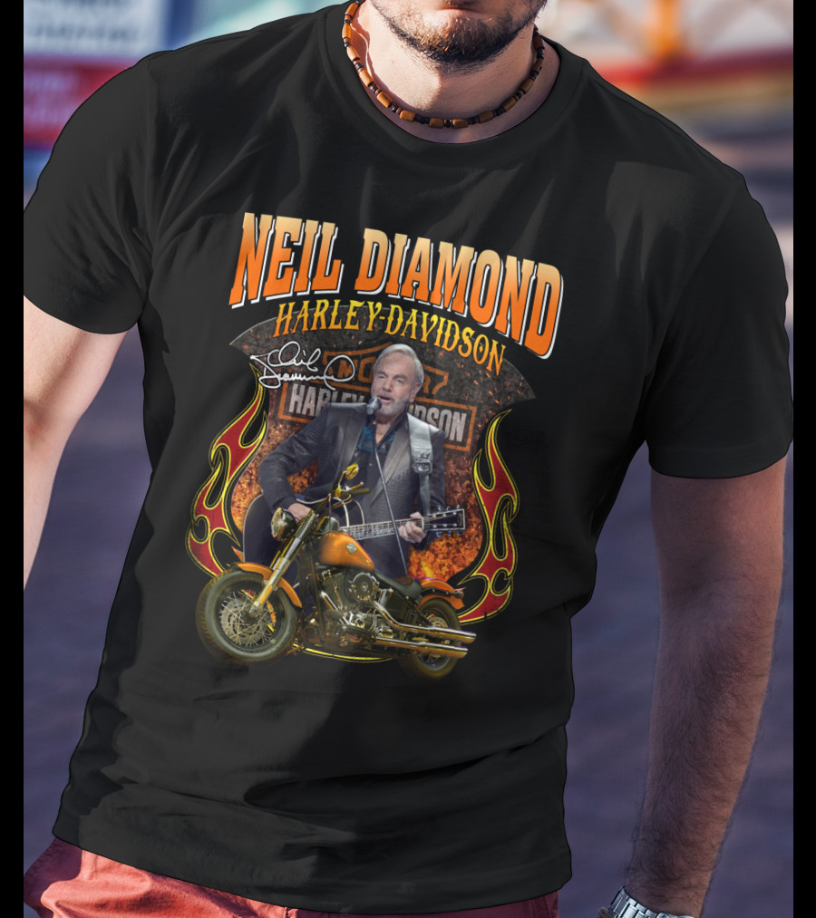 Neil Diamond Harley Davidson Motorcycle Flames Signature T-Shirt
