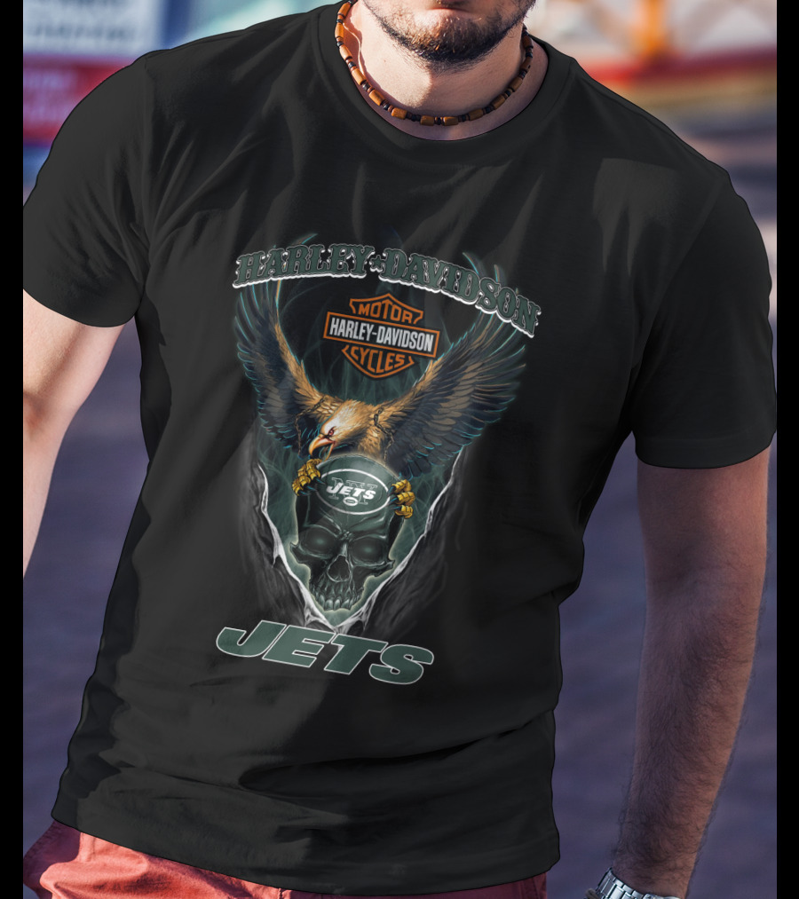 Harley Davidson Motor Cycles New York Jets Eagle Skull T-Shirt