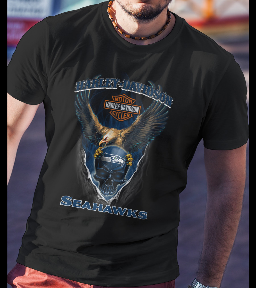 Harley Davidson Seattle Seahawks Skull And Eagle T-Shirt