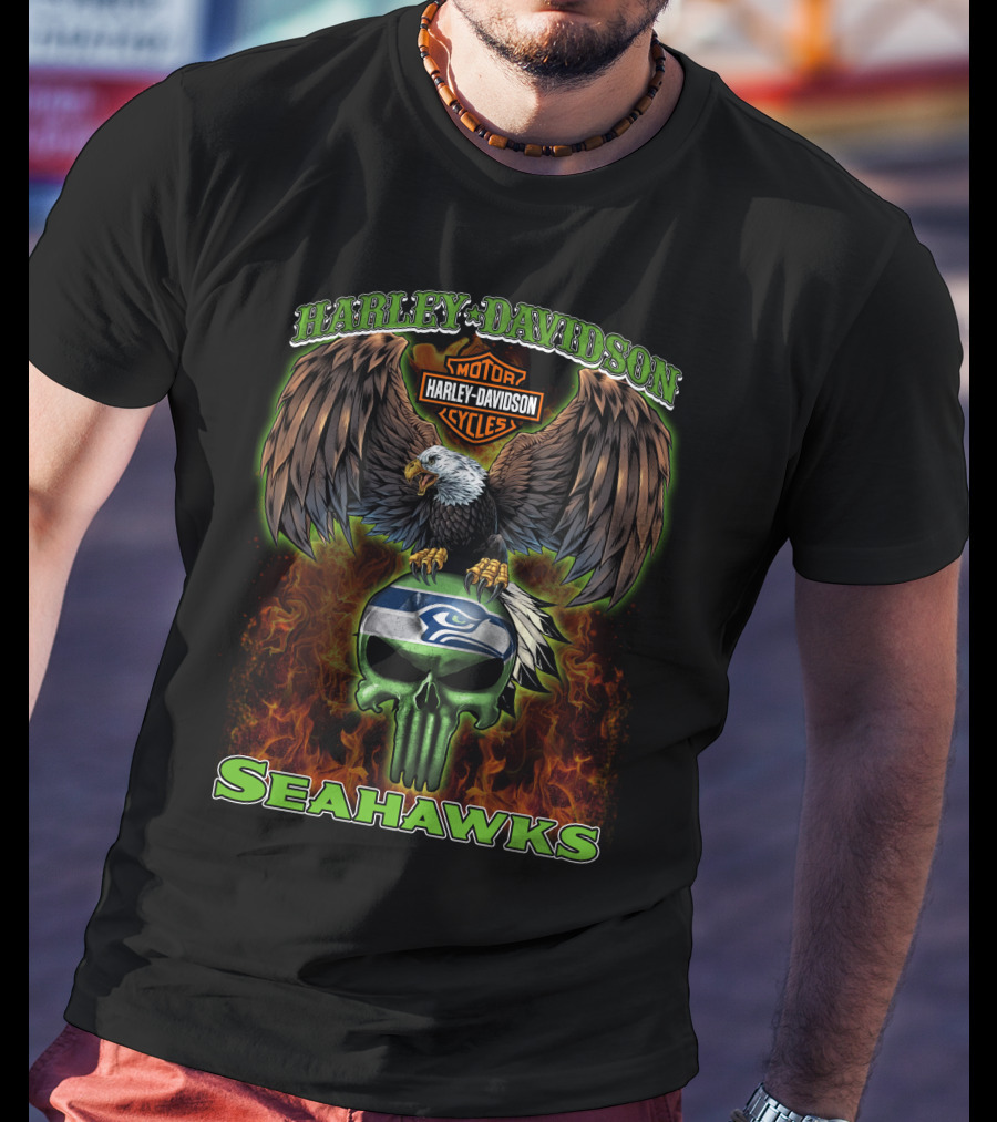 Harley Davidson Seahawks Motorcycles Eagle Skull T-Shirt