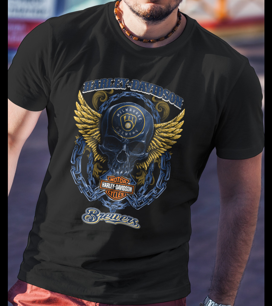 Harley Davidson Milwaukee Brewers Motor Cycles Winged Skull T-Shirt