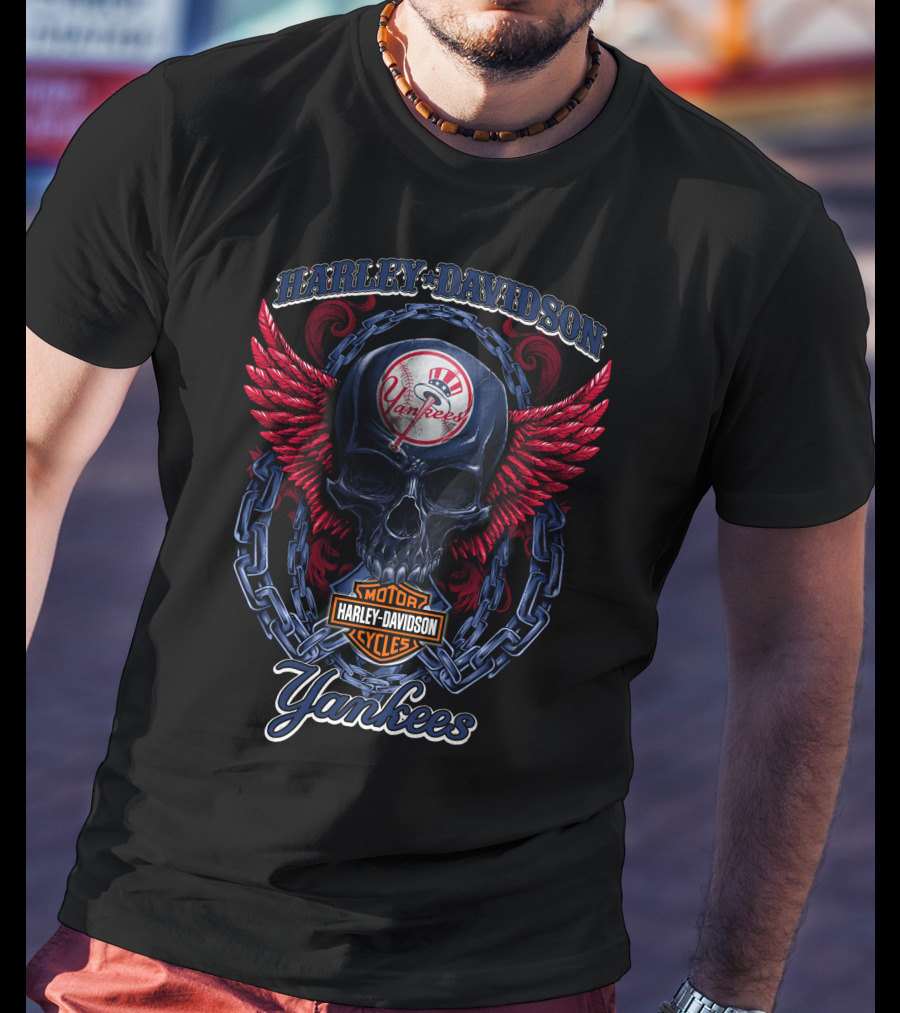 Harley Davidson Yankees Skull With Wings And Chains T-Shirt