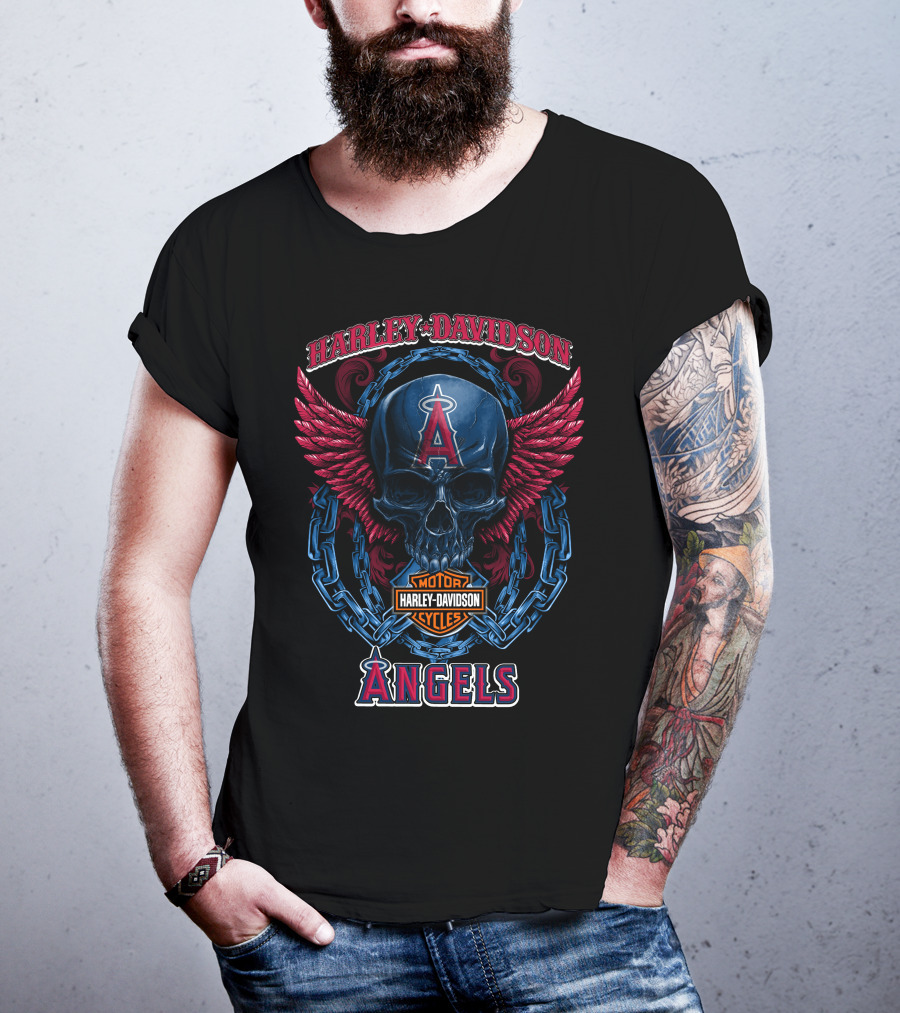 Harley Davidson Motorcycles Los Angeles Angels Skull Wings T-Shirt