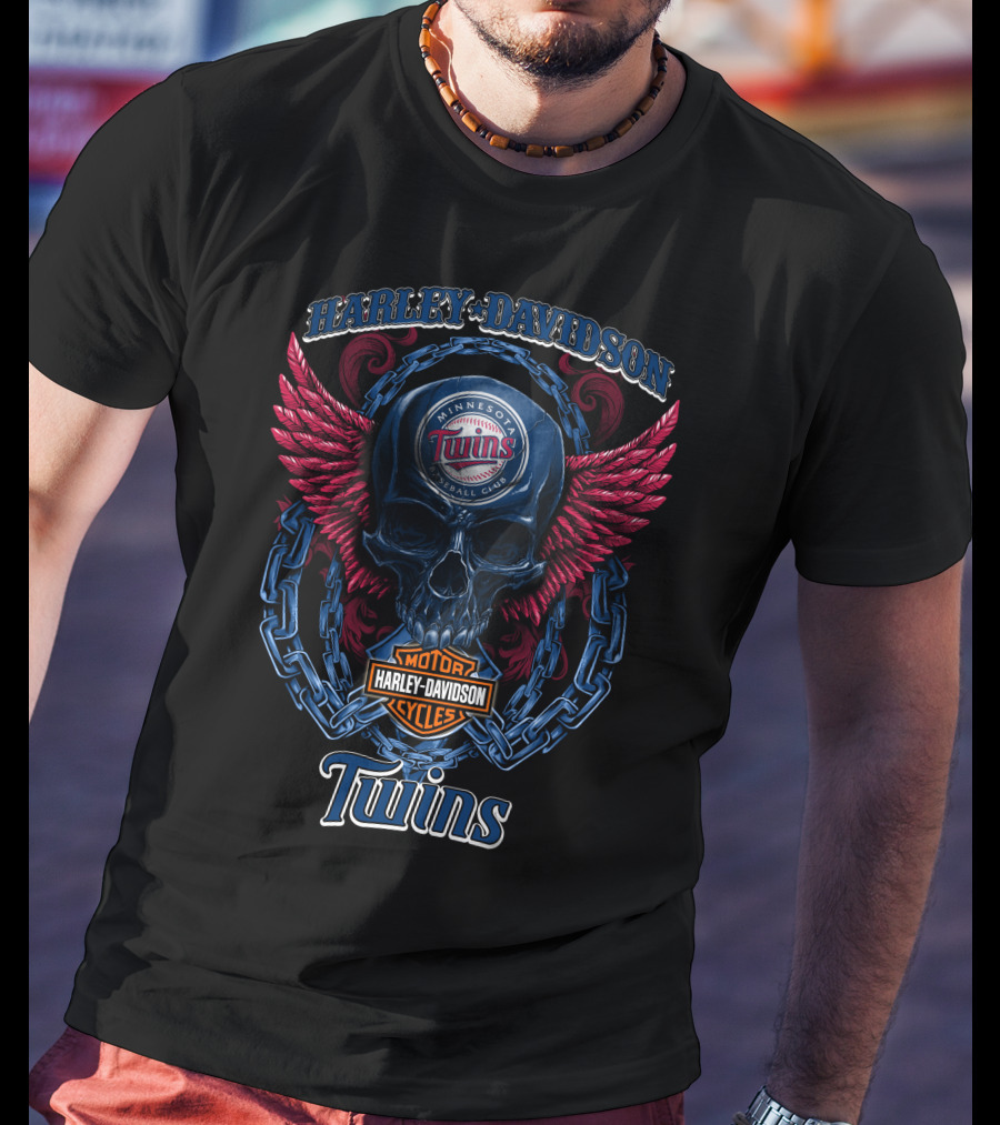 Harley Davidson Minnesota Twins Baseball Club Motorcycle Cycles Skull Wings T-Shirt