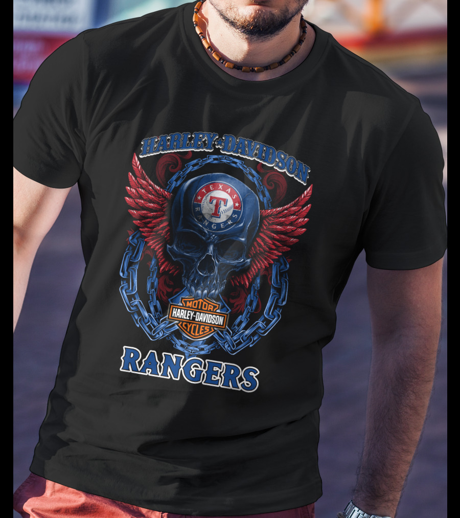 Harley Davidson Texas Rangers Skull Wings Chains T-Shirt