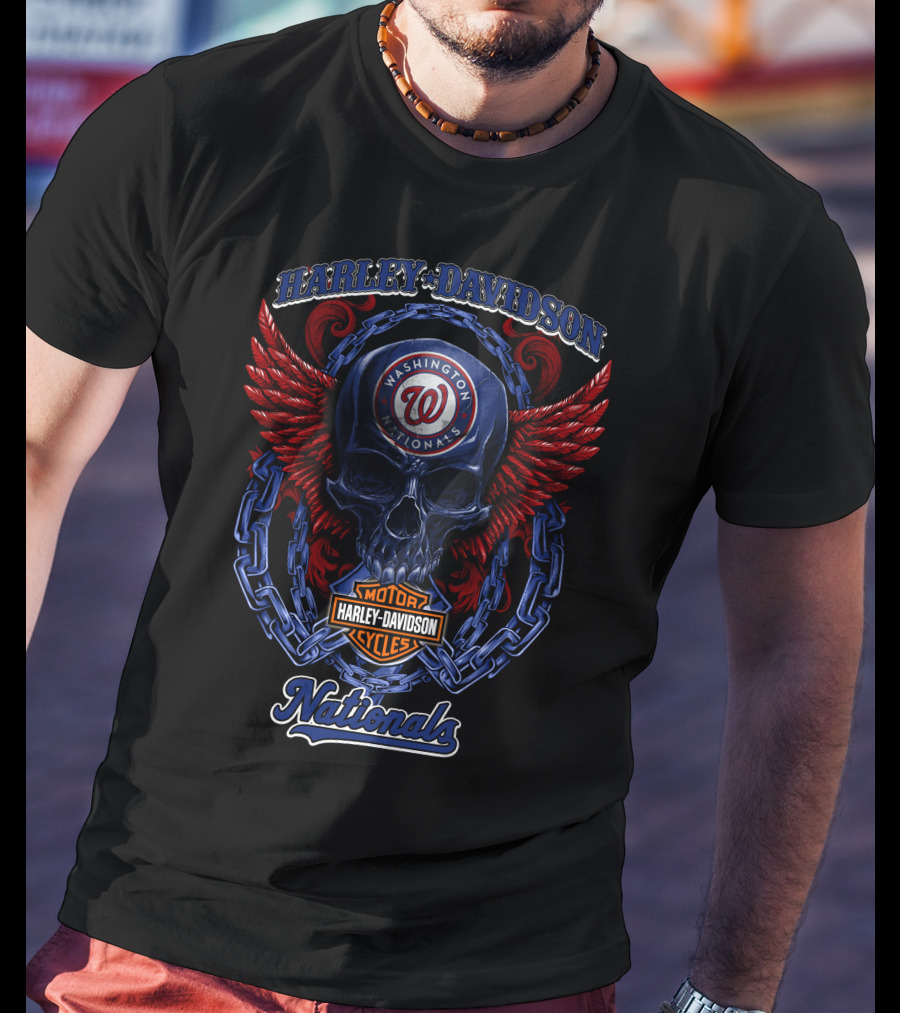 Harley Davidson Washington Nationals Motor Cycles Skull Wings T-Shirt