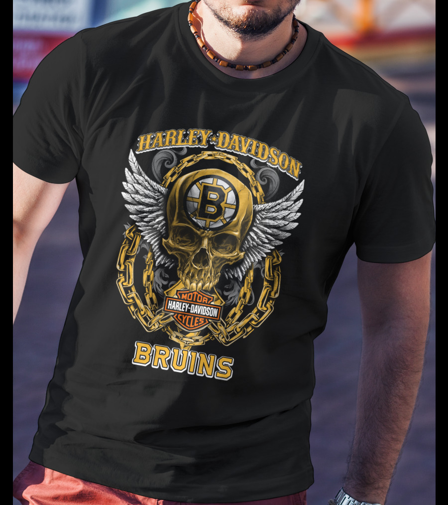 Harley Davidson Motorcycles Bruins Nhl Boston Bruins Skull Winged T-Shirt
