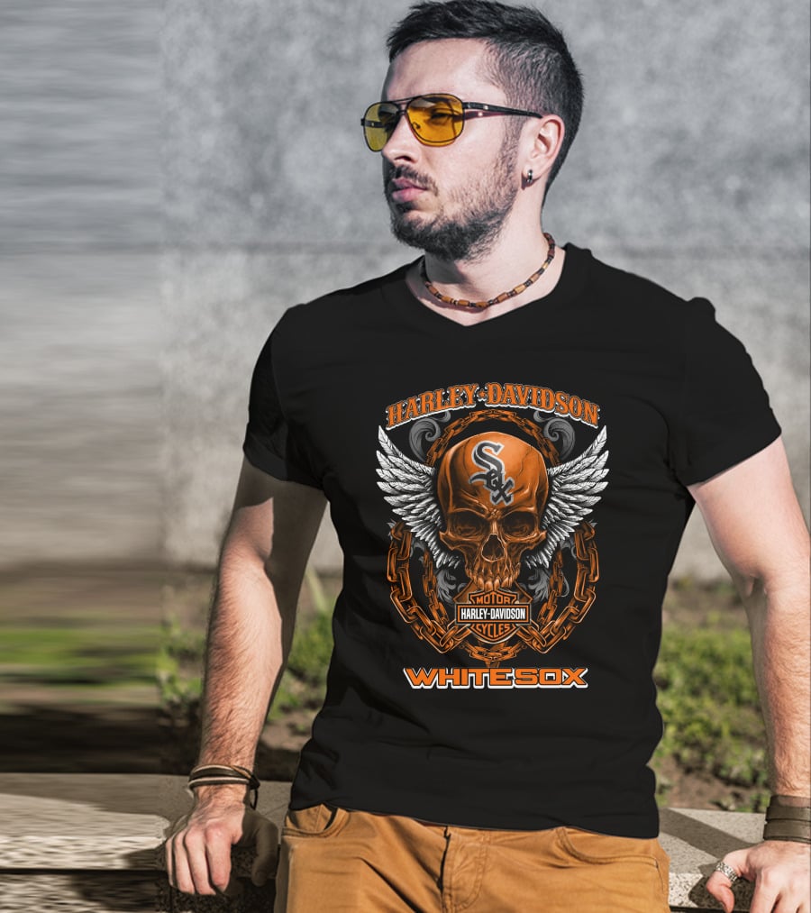 Harley Davidson Motor Cycles Skull Chain Wings Whitesox T-Shirt