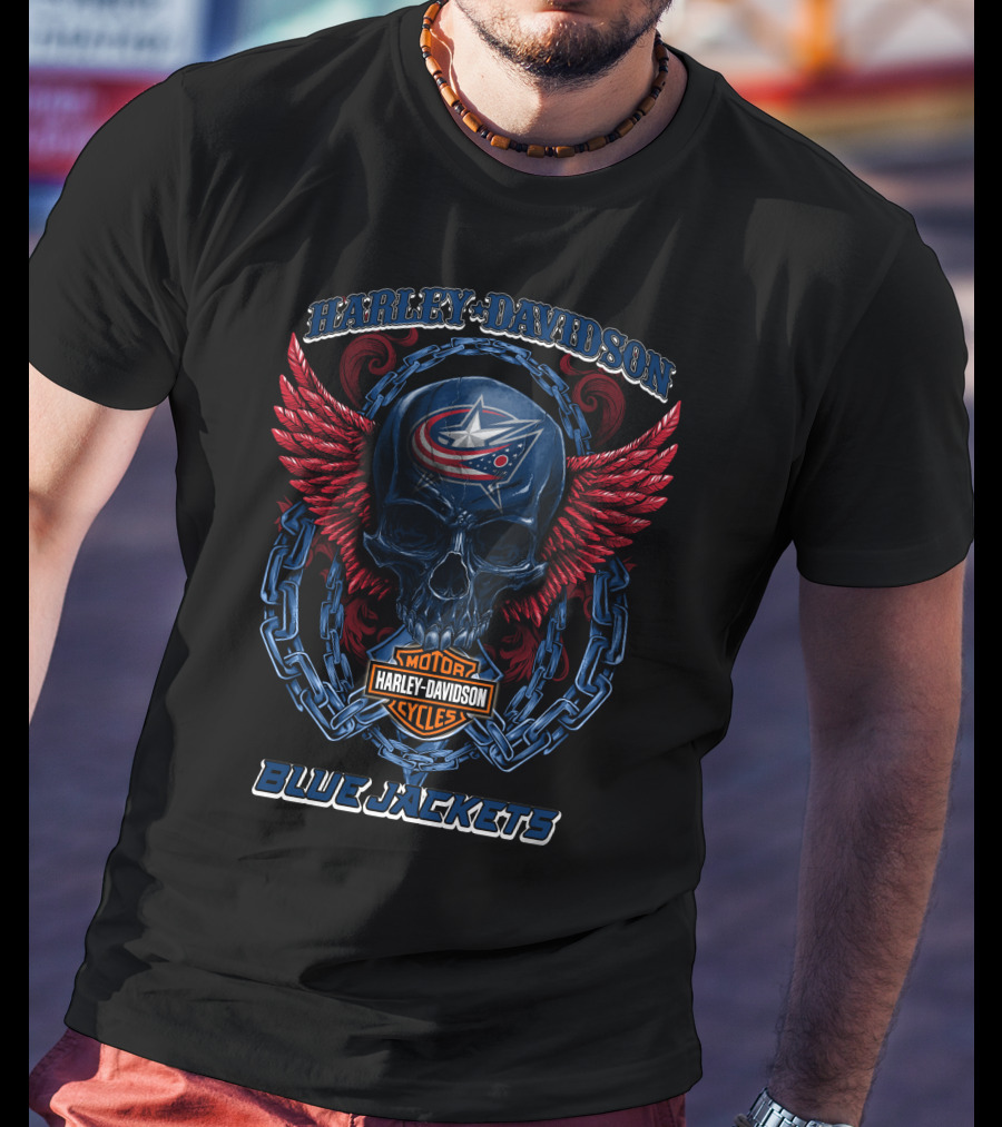 Harley Davidson Blue Jackets Columbus Nhl Motorcycles T-Shirt