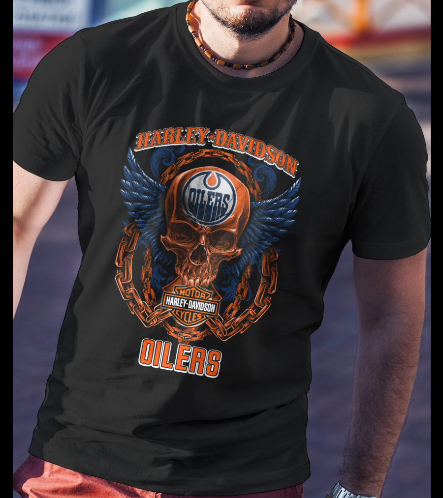 Harley Davidson Nhl Edmonton Oilers Skull And Wings T-Shirt