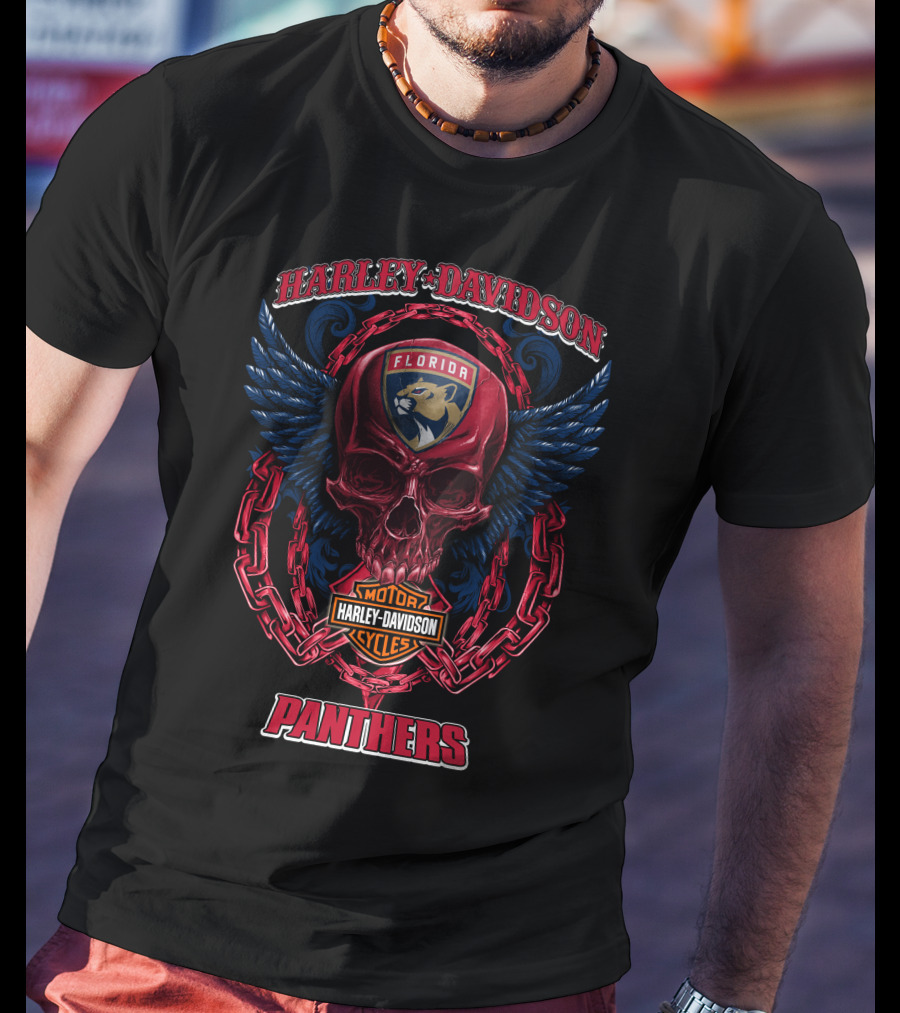Harley Davidson Florida Panthers Motorcycles Nhl Winged Skull T-Shirt
