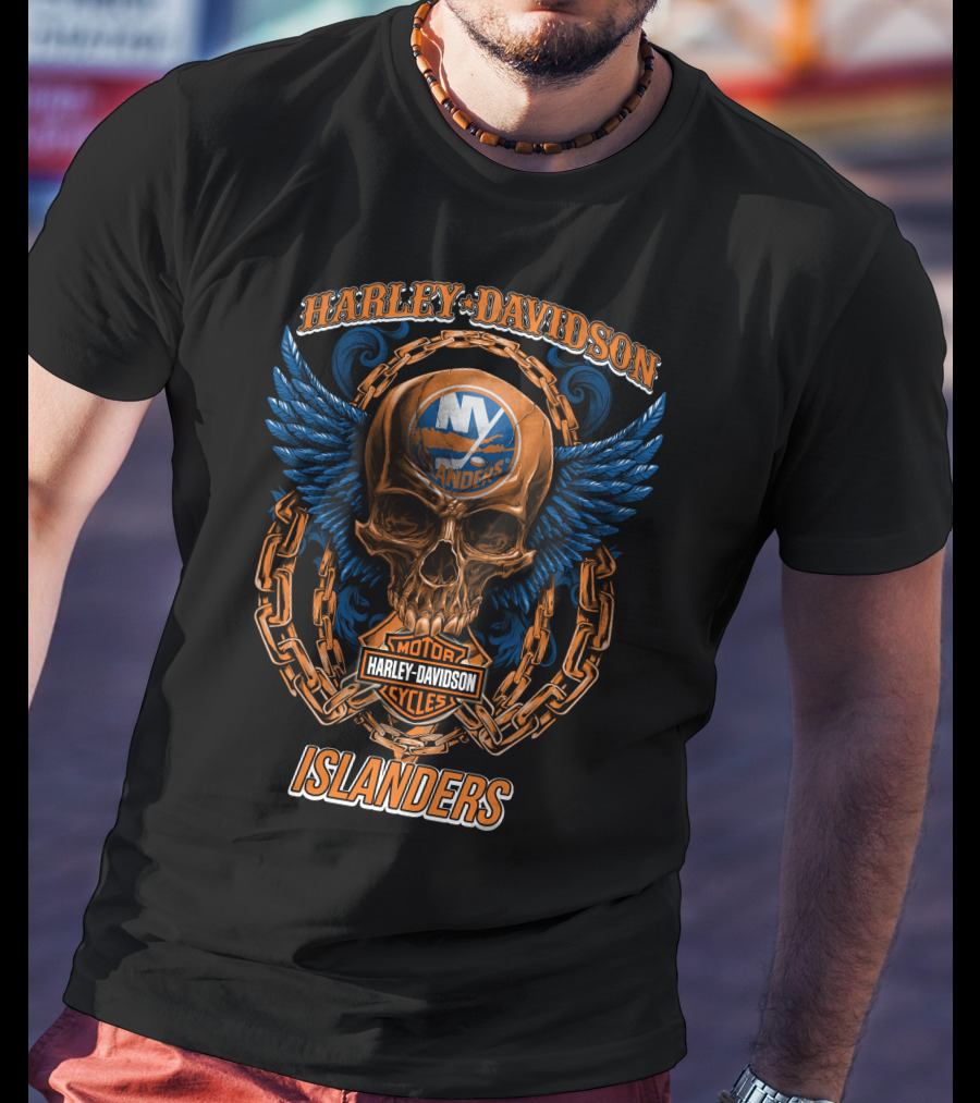 Harley Davidson Motor Cycles Islanders Skull Wings Chain Nhl New York Islanders T-Shirt