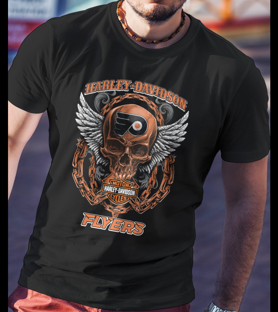 Harley Davidson Flyers Nhl Philadelphia Skull Wings Chain T-Shirt