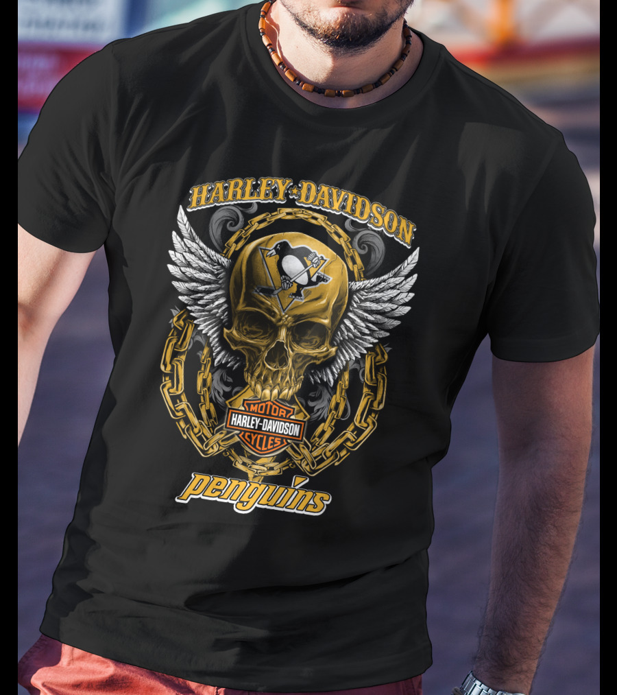 Harley Davidson Pittsburgh Penguins Nhl Skull Wings Chain T-Shirt