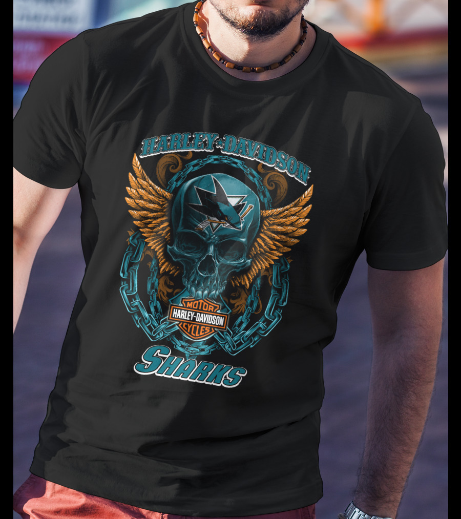 Harley Davidson San Jose Sharks Nhl Motorcycles Skull And Wings T-Shirt