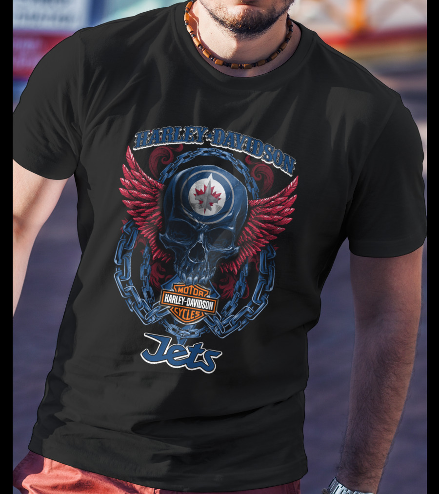 Harley Davidson Motor Cycles Nhl Winnipeg Jets Skull Wings T-Shirt