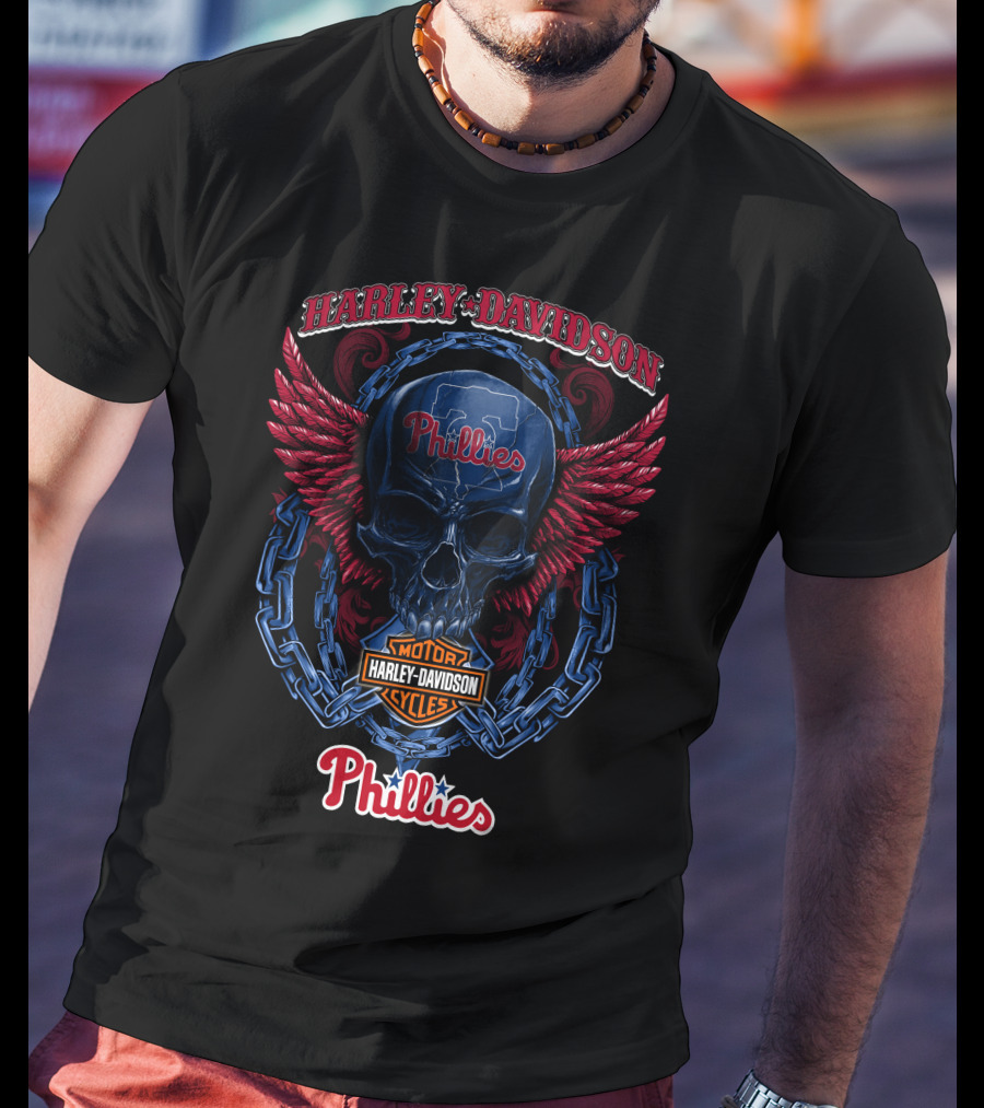 Harley Davidson Phillies Skull Wings Motor Cycles T-Shirt