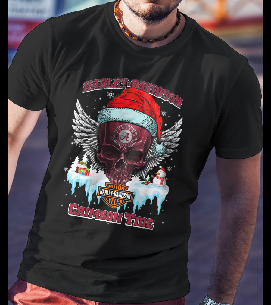Harley Davidson Alabama Crimson Tide Christmas Skull Wings T-Shirt
