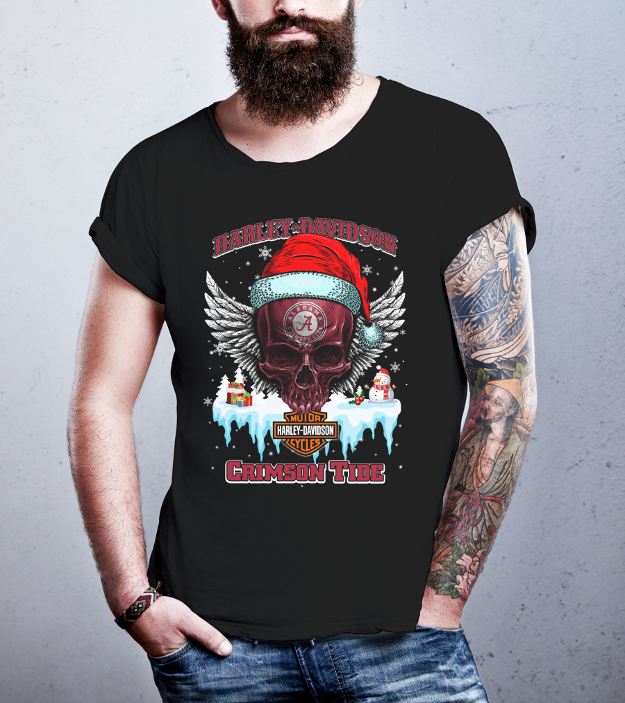 Harley Davidson Alabama Crimson Tide Christmas Skull Wings T-Shirt