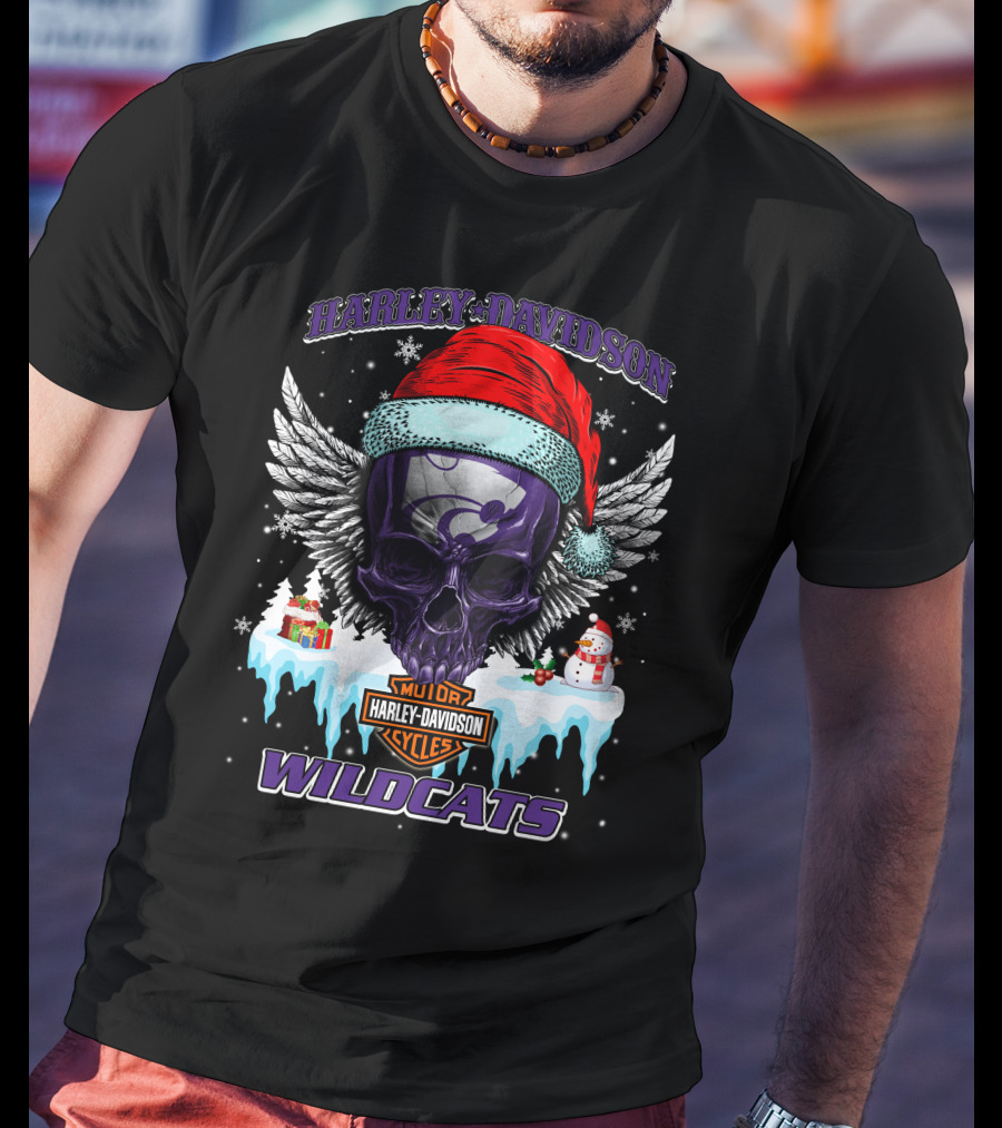 Harley Davidson Kansas State Wildcats Christmas Skull Wings T-Shirt