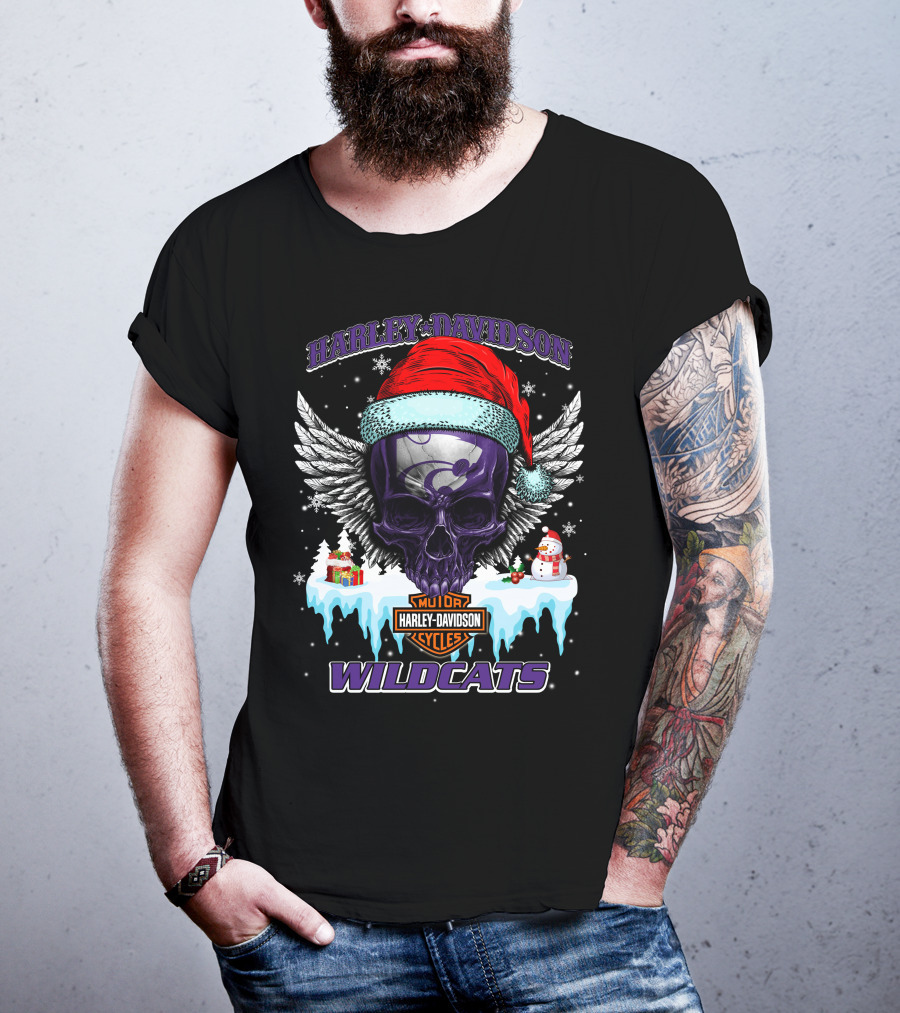 Harley Davidson Kansas State Wildcats Christmas Skull Wings T-Shirt