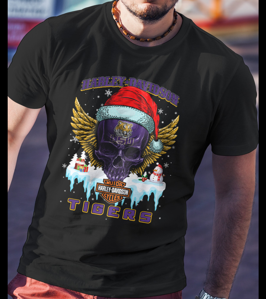 Harley Davidson Lsu Tigers Santa Skull Wings Baton Rouge Holiday Gifts T-Shirt