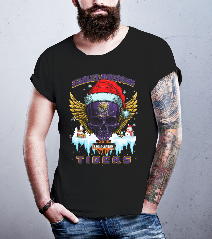 Harley Davidson Lsu Tigers Santa Skull Wings Baton Rouge Holiday Gifts T-Shirt
