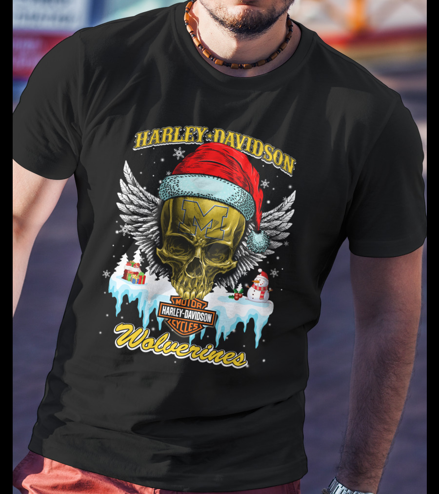 Harley Davidson Michigan Wolverines Skull Santa Hat Snowflake T-Shirt