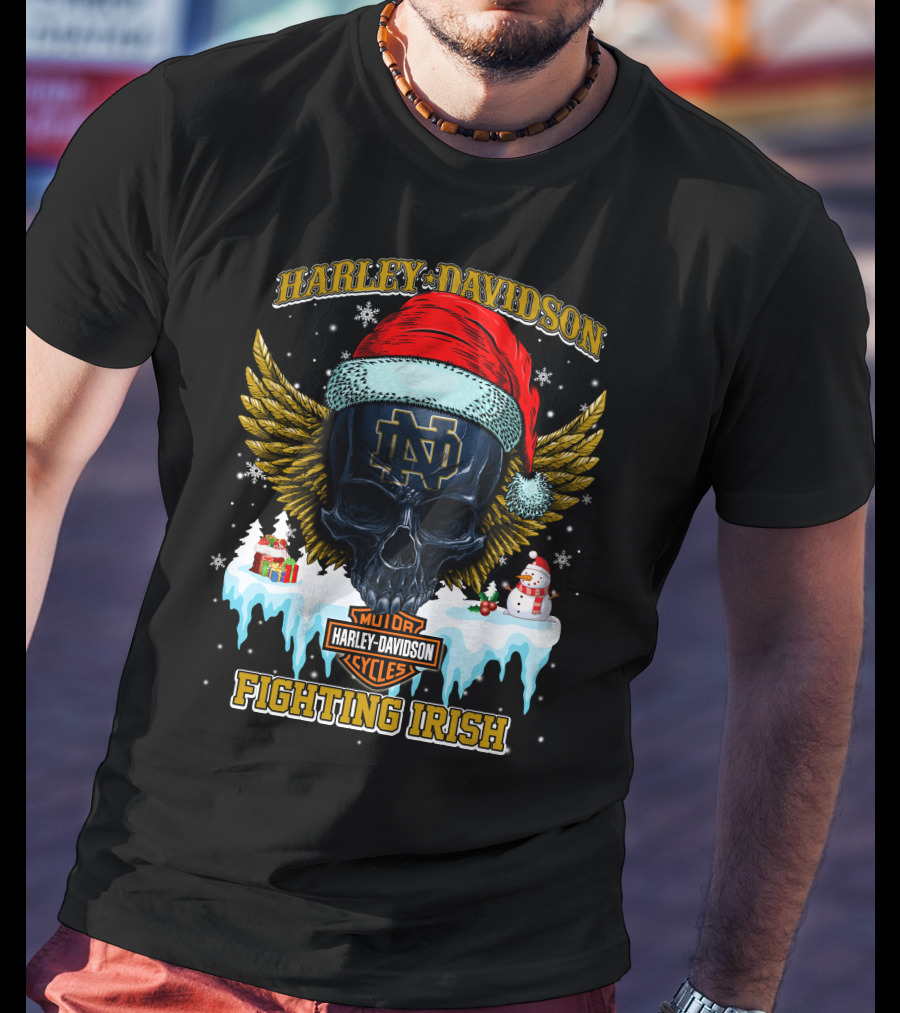 Harley Davidson Notre Dame Fighting Irish Santa Skull T-Shirt