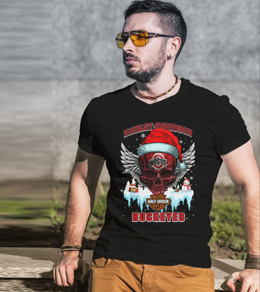 Harley Davidson Ohio State Buckeyes Motorcycles Cycles Santa Skull Wings Snowman T-Shirt