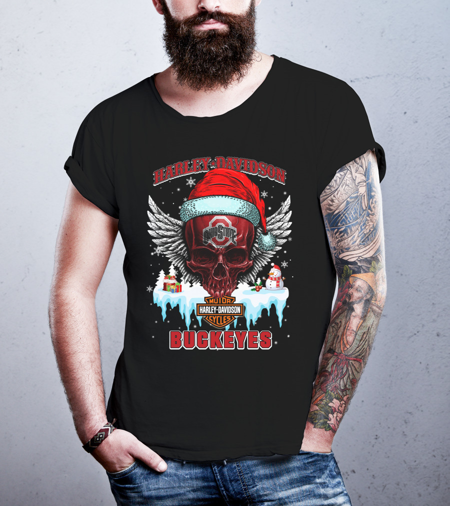 Harley Davidson Ohio State Buckeyes Motorcycles Cycles Santa Skull Wings Snowman T-Shirt