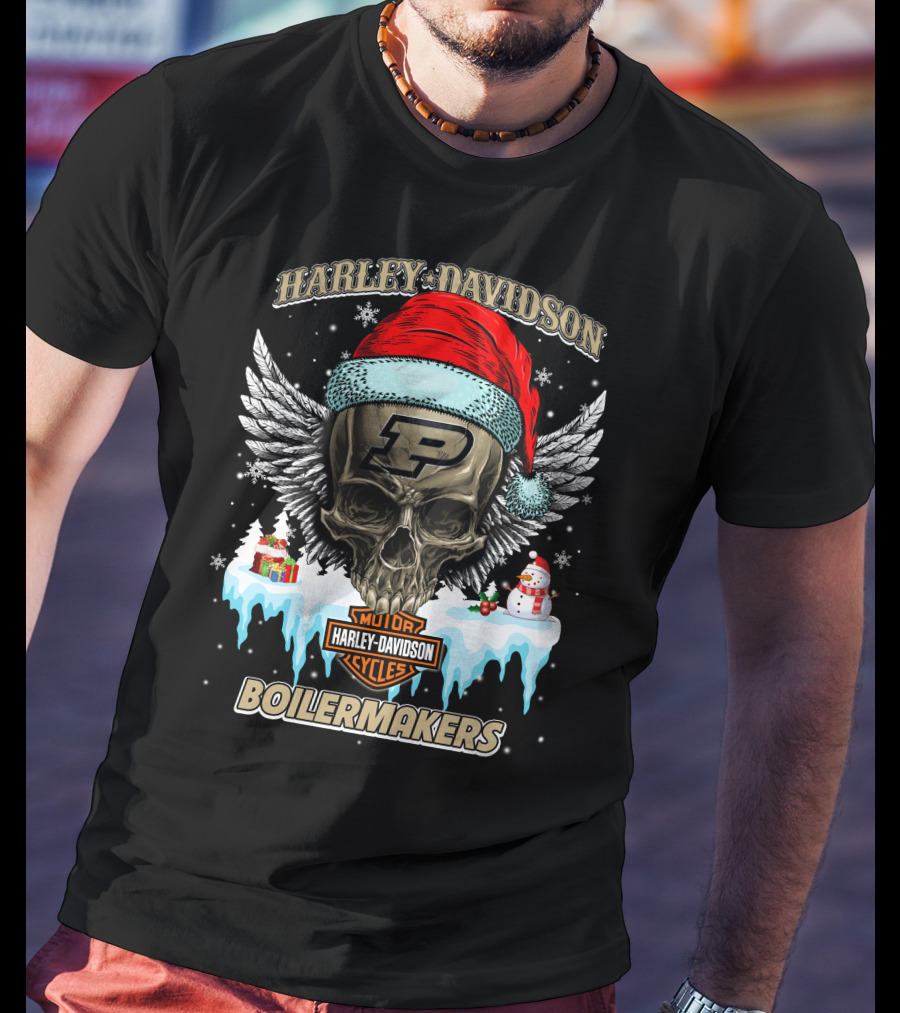 Harley Davidson Purdue Boilermakers Skull With Santa Hat And Snowflakes T-Shirt