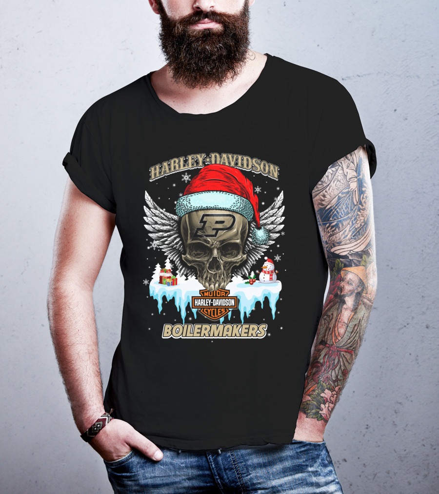 Harley Davidson Purdue Boilermakers Skull With Santa Hat And Snowflakes T-Shirt