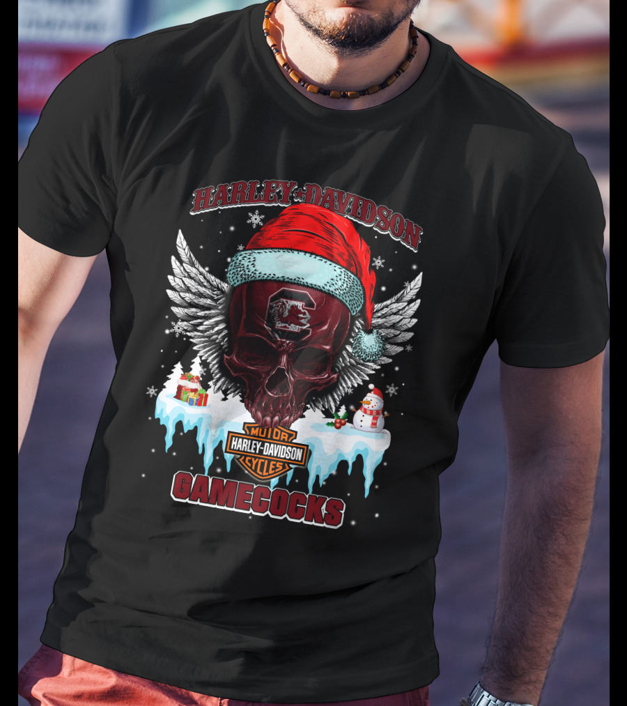 Harley Davidson Gamecocks Christmas Skull With Santa Hat And Snowman T-Shirt