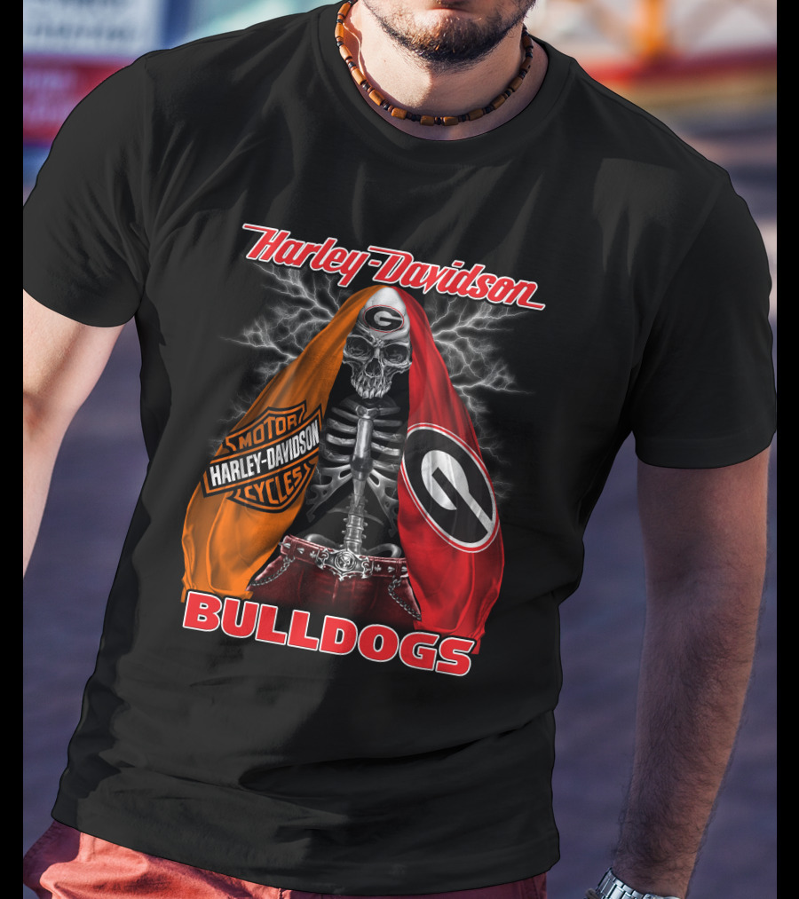 Harley Davidson Georgia Bulldogs Skeleton Lightning Motorcycles T-Shirt