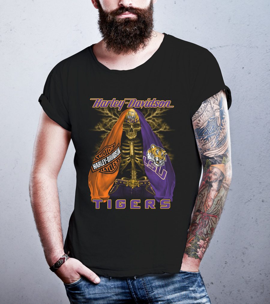 Harley Davidson Lsu Tigers Skeleton Motorcycles T-Shirt