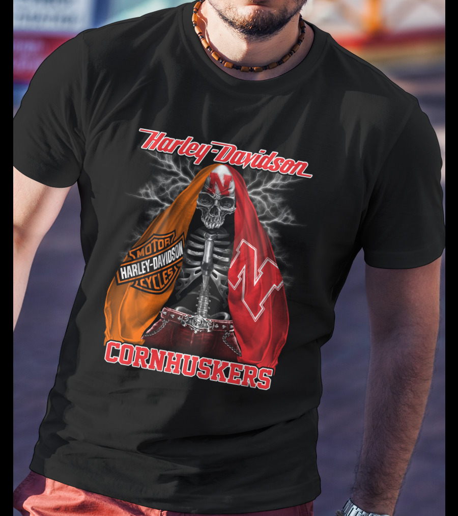 Harley Davidson Nebraska Cornhuskers Skeleton With Logo Cloak T-Shirt