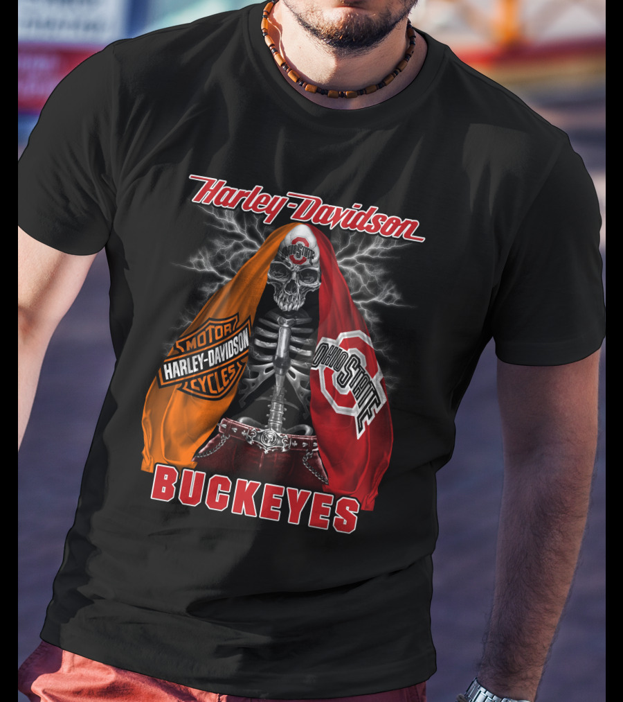Harley Davidson Ohio State Buckeyes Skeleton Motocycles T-Shirt
