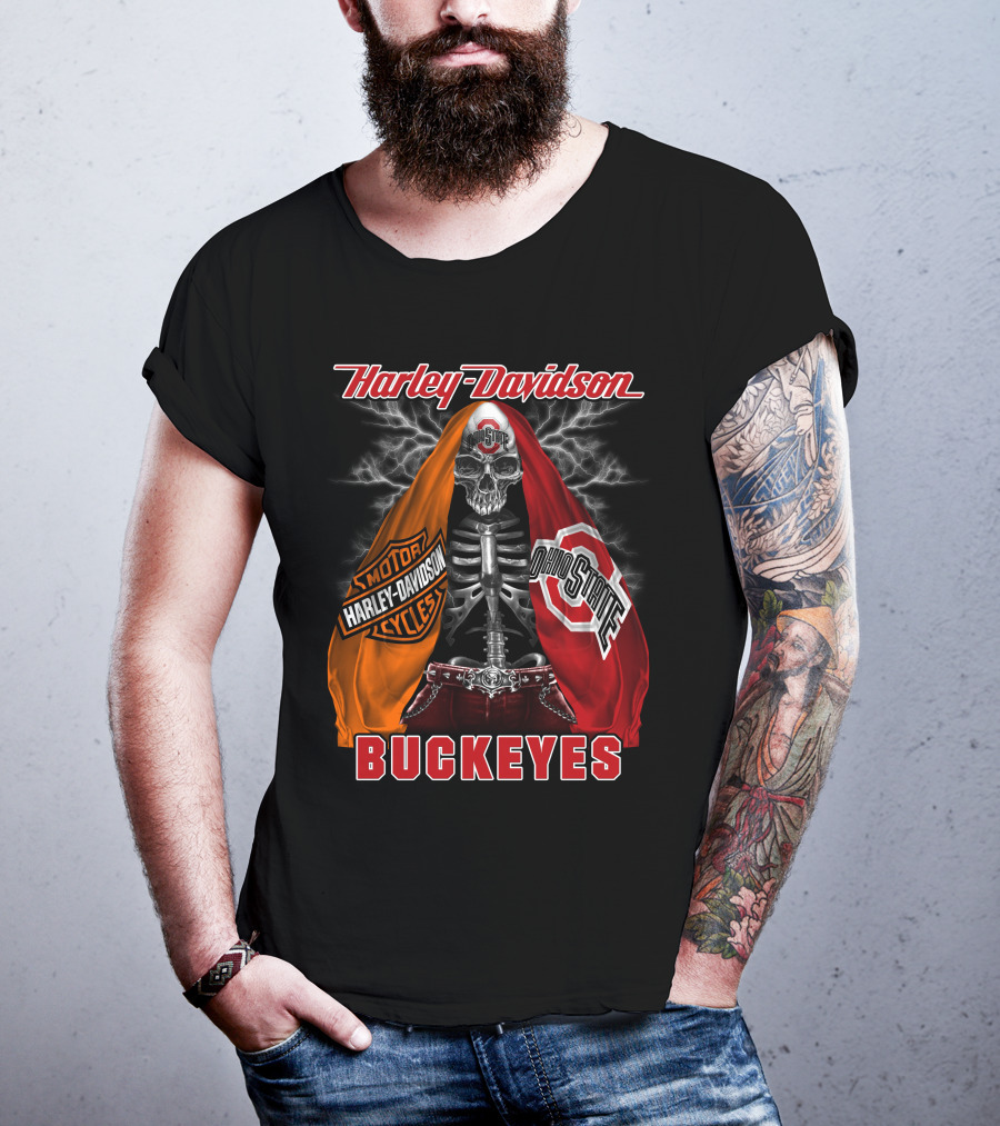 Harley Davidson Ohio State Buckeyes Skeleton Motocycles T-Shirt