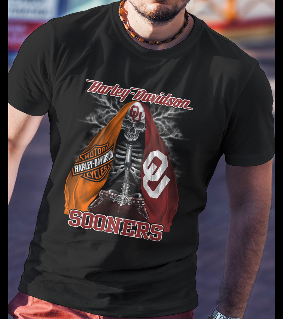 Harley Davidson Oklahoma Sooners Skeleton Thunderbolt T-Shirt