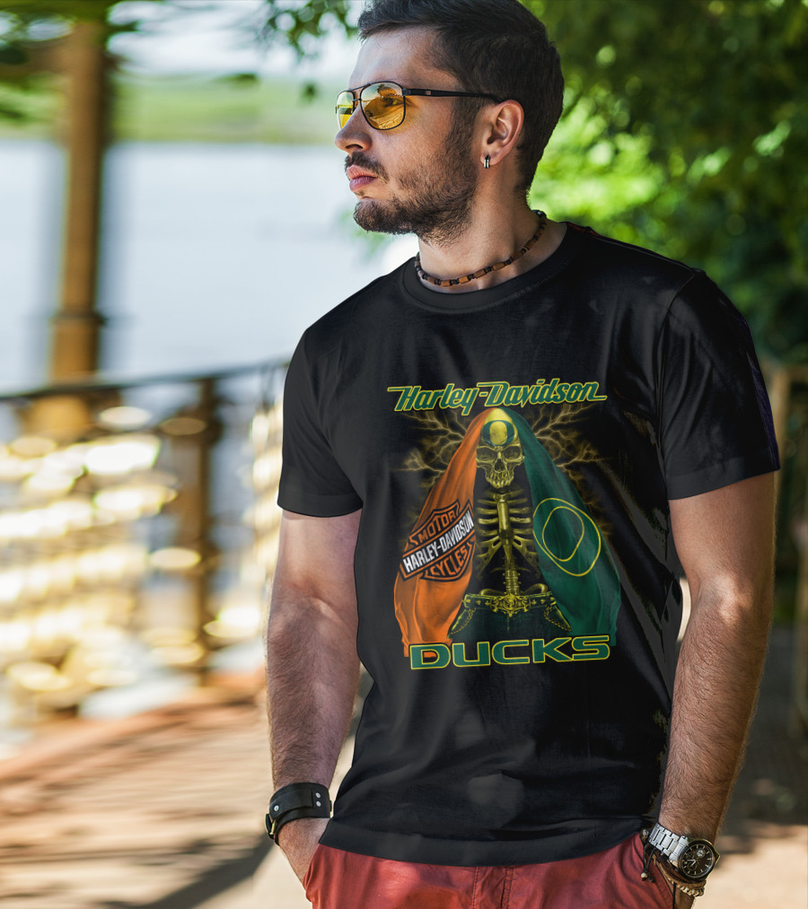 Harley Davidson Motorcycles Ducks Oregon Skeleton T-Shirt