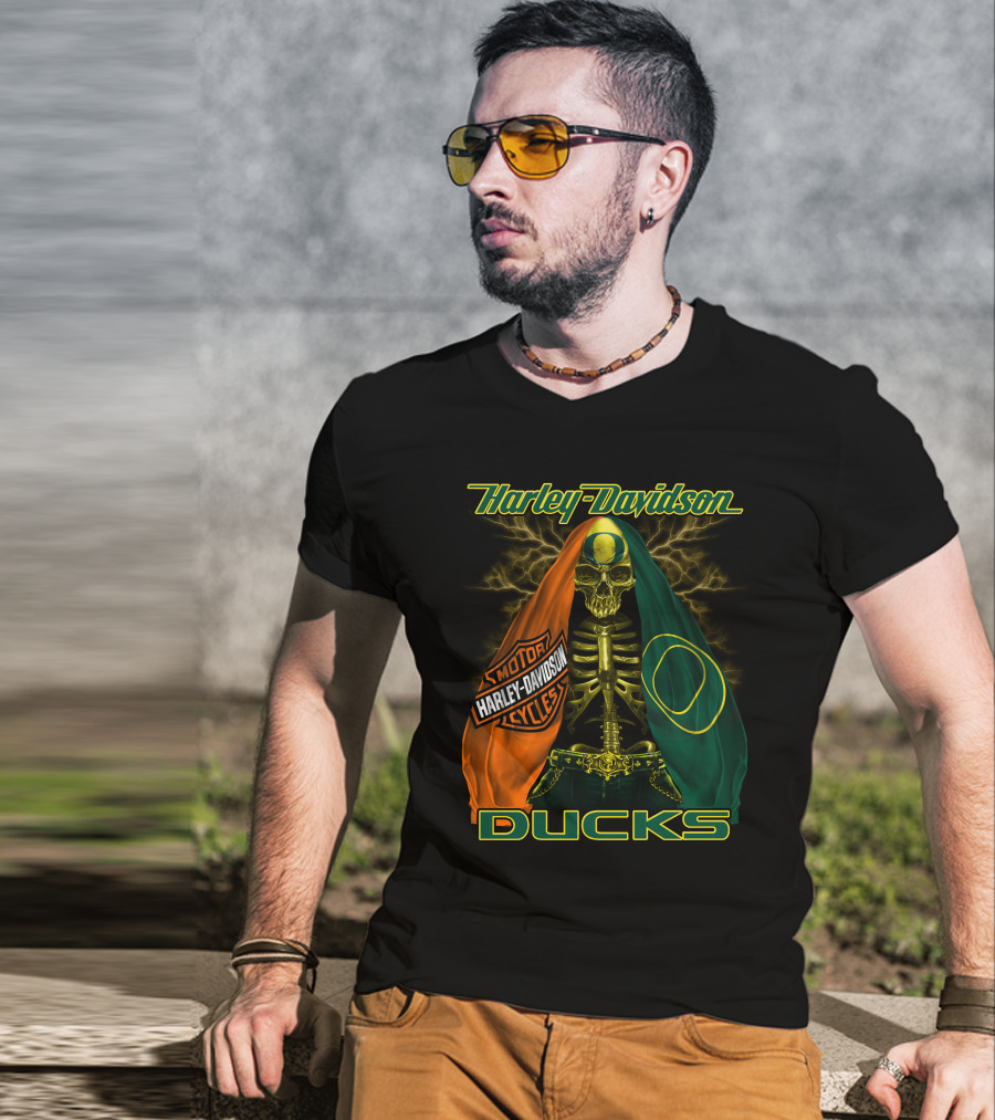 Harley Davidson Motorcycles Ducks Oregon Skeleton T-Shirt