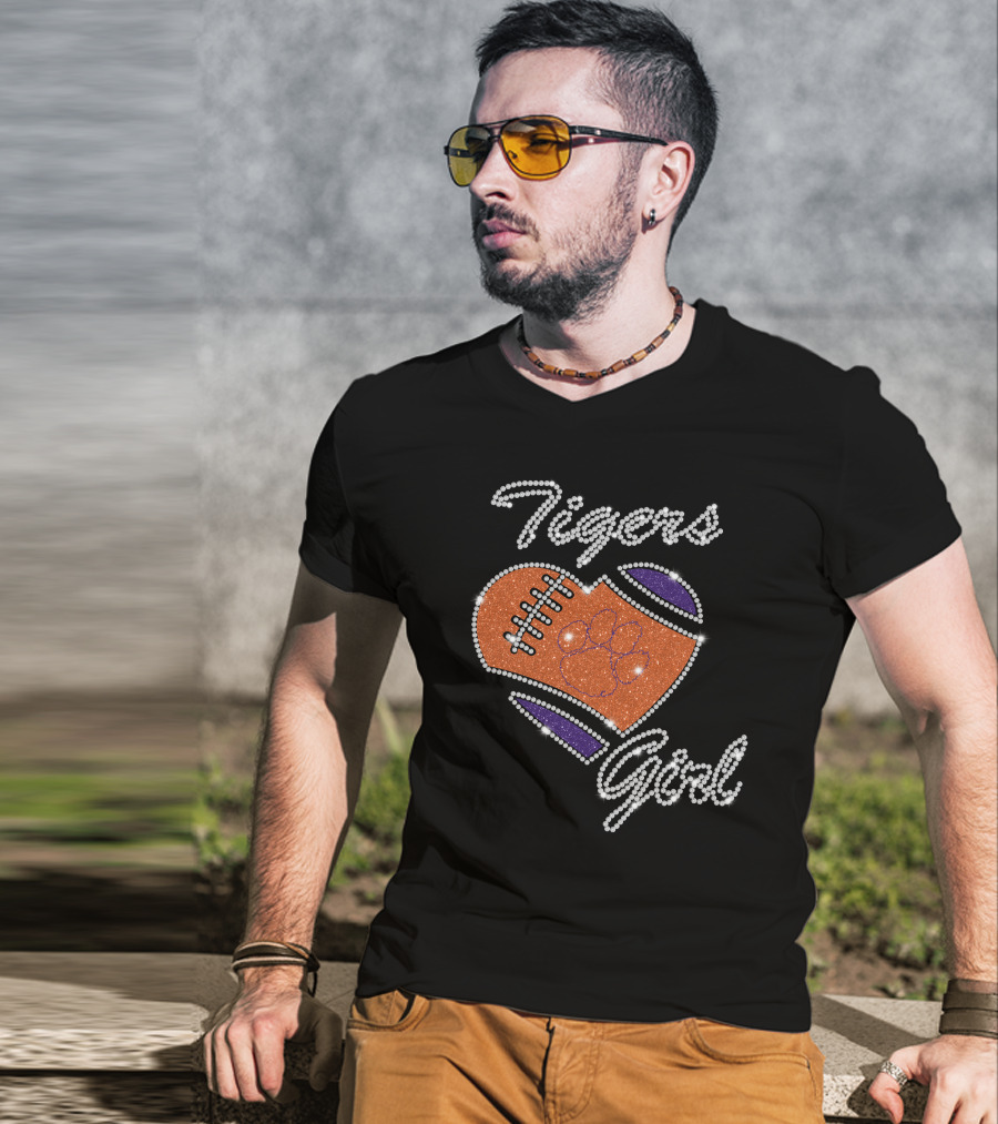 Tigers Girl Heart Football Clemson Paw T-Shirt